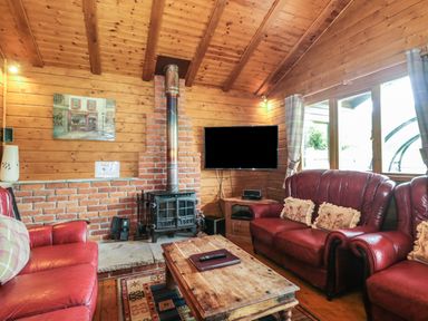 A living room with wooden walls and ceiling a brick wood stove red leather sofas a wooden coffee table and a wall mounted television at Walnut in Swanage