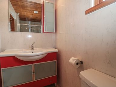 A bathroom with a sink cabinet and mirror and a toilet with a roll of toilet paper at Walnut in Swanage