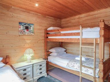 A wooden bedroom with bunk beds a bedside table with a lamp and a painting on the wall at Pine in Swanage