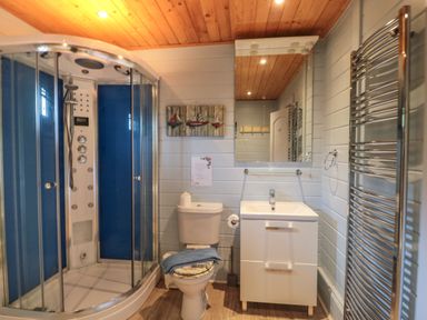 A bathroom with a shower cabin toilet sink mirror and towel rack at Pine in Swanage