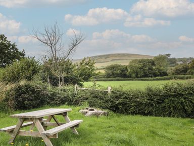 A wooden picnic table on grass with bushes trees and a hill in the background at Pine in Swanage
