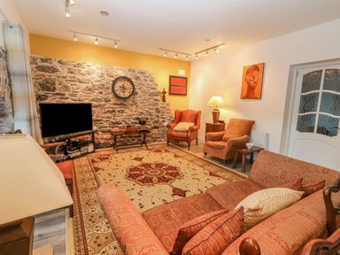 A living room with two armchairs a sofa a rug a television and a stone accent wall at The Artist's Barn in Ayle near Cappawhite