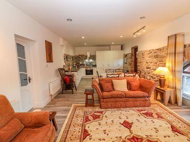 An open living room and kitchen with stone walls a patterned rug and upholstered furniture at The Artist's Barn Ayle near Cappawhite