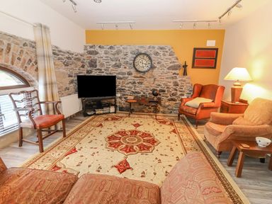 A living room with armchairs a patterned rug a television and a stone wall at The Artist's Barn in Ayle near Cappawhite