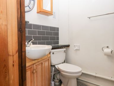 A bathroom with a toilet a sink with wooden cabinet and grey tiled wall at Foxglove Barn South Brent