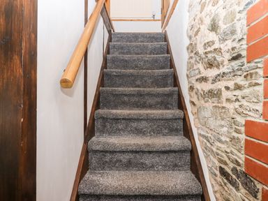 A carpeted staircase with a wooden handrail and a stone wall at Foxglove Barn in South Brent
