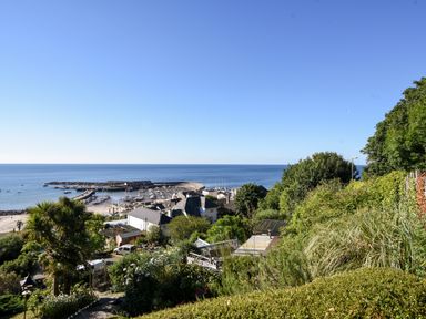 A coastal view with a harbor boats houses and greenery at Conybeare Cottage in Lyme Regis