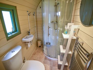 A small bathroom with a toilet sink shower and shelving unit at Pendragon Pod in Axminster