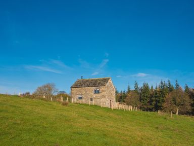 A stone house on a grassy hill with trees in the background at The Hidden Place in Watermillock near Pooley Bridge