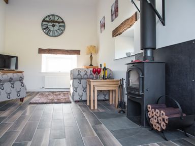 A living room with a wood burning stove wooden tables armchairs with deer motifs a clock on the wall and a television at The Hidden Place in Watermillock near Pooley Bridge
