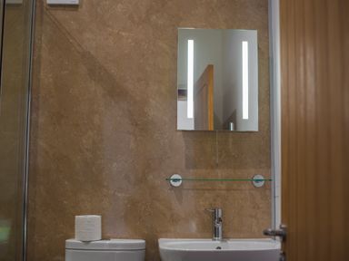 A bathroom with a toilet, sink, illuminated mirror, and a glass shelf at The Hidden Place in Watermillock near Pooley Bridge