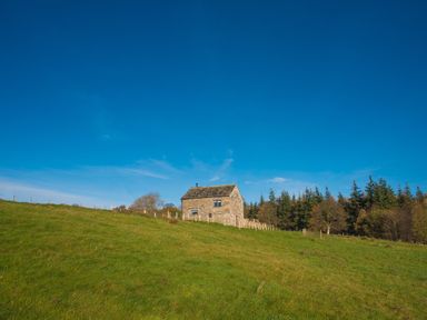 A stone cottage on a grassy hill with trees in the background at The Hidden Place in Watermillock near Pooley Bridge