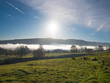 A green field with scattered trees and a hill in the background under a bright sun at The Hidden Place Watermillock near Pooley Bridge