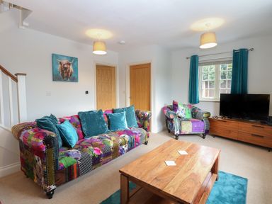 A living room with a patchwork sofa and armchair a wooden coffee table a television on a wooden cabinet and blue curtains at 30 Burtons Mill in Stalham