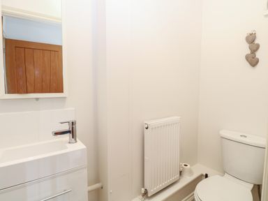 A bathroom with a sink under a mirror a radiator a toilet and a wooden door at 30 Burtons Mill in Stalham