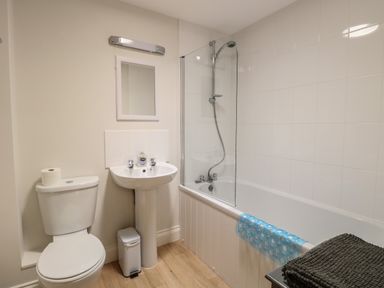 A bathroom with a toilet a sink a mirror a bathtub with a showerhead and a blue bath mat at 30 Burtons Mill in Stalham