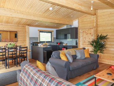 An open living space with a kitchen dining area and sofas with cushions at Primrose Lodge in Hittisleigh