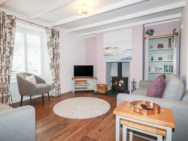 A living room with a gray armchair, a sofa with purple pillows, a round rug, a TV on a stand, a fireplace with a stove, and a shelving unit at Still Waters in Pentewan