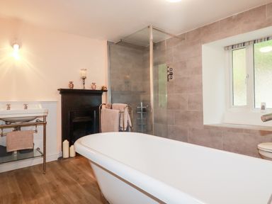 A bathroom with a freestanding bathtub a sink a glass shower enclosure a black fireplace and a window at Still Waters in Pentewan