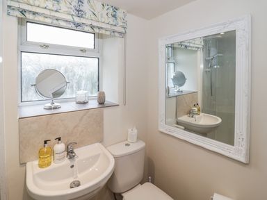 A bathroom with a sink, toilet, mirror, window with floral roman blind, and toiletries at Grove Cottage in Leominster