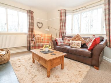 A living room with a leather sofa and plaid armchair with cushions and a wooden coffee table at Larch Cottage at Esthwaite Water in Hawkshead