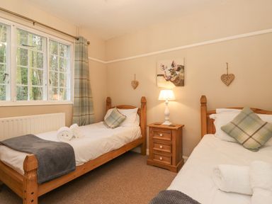 A bedroom with two single wooden beds bedside table with lamp and two towels on one bed at Larch Cottage at Esthwaite Water in Hawkshead