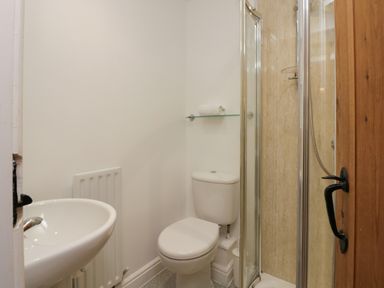 A small bathroom with a sink radiator toilet shower and a towel on a glass shelf at Winder Barn in Askham Cumbria