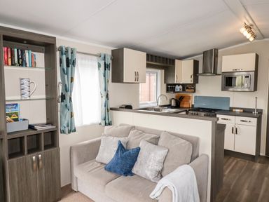 A small living area with a beige sofa and cushions adjacent to a kitchen with cabinets stove and microwave at Lake View 10 in Par