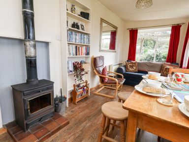 A living room with a wood stove chair bookshelf window with red curtains and a wooden dining table at Eweleaze in West Bexington