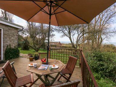 An outdoor wooden deck with a table and chairs under a large umbrella overlooking trees and greenery at Eweleaze in West Bexington