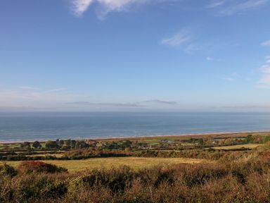 A coastal landscape with fields and shrubs overlooking the sea at Eweleaze in West Bexington