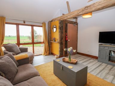 A living room with a sofa a chair a coffee table and a television at Bee Happy Barn in Beighton near Acle