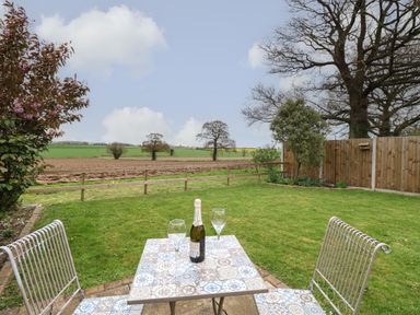A garden with a tiled table and two chairs with a bottle and two glasses on the table at Bee Happy Barn in Beighton near Acle