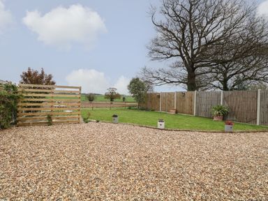 A garden with gravel area and green lawn with potted plants and wooden fences at Bee Happy Barn in Beighton near Acle