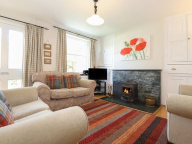 A living room with a fireplace armchairs a TV and a striped rug at High Stile in Seatoller near Rosthwaite