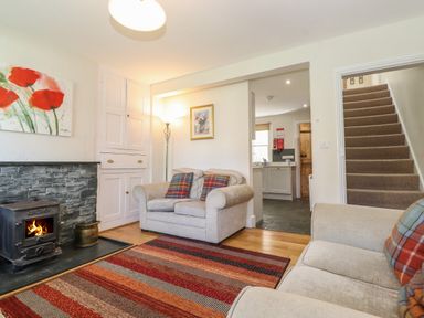 A living room with a wood stove and patterned rug at High Stile in Seatoller near Rosthwaite