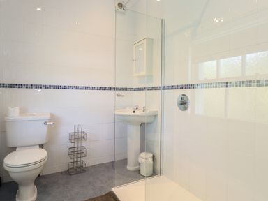 A bathroom with a toilet a pedestal sink a glass shower screen and tiled walls at High Stile in Seatoller near Rosthwaite