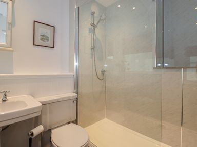 A bathroom with a toilet sink and walk in shower with a glass door at High Stile in Seatoller near Rosthwaite