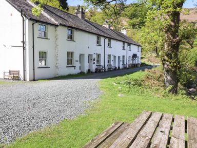 A row of white cottages with benches outside on a gravel path next to a grassy area with a wooden picnic table and trees at High Stile in Seatoller near Rosthwaite
