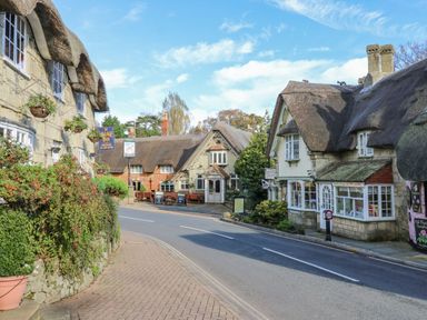 A street with thatched roof cottages and hanging flower baskets at Nanny's Little House in Sandown