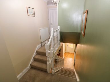 A staircase with beige carpet and white railing between green and beige walls at Stones Throw in Tenby