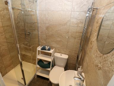 A small bathroom with a shower enclosure toilet sink and shelves at Stones Throw in Tenby