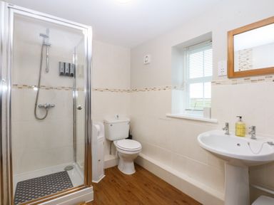 A bathroom with a shower, toilet and sink at Oak Cottage Dinas Dinlle near Caernarfon