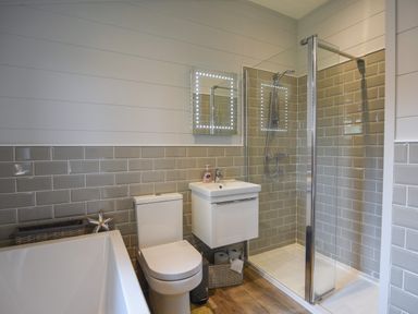 A bathroom with a bathtub toilet sink mirror and a glass shower enclosure at Oakwood 2 @ Pinewood Retreat in Pinewood