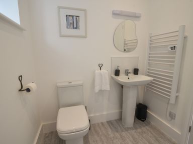 A bathroom with a toilet a pedestal sink a wall-mounted mirror a towel rack and a framed picture at Lyme Zest in Lyme Regis