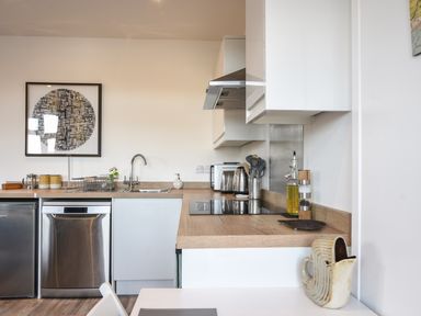 A kitchen with stainless steel dishwasher and sink wooden countertops and white cabinets at Lyme Zest in Lyme Regis