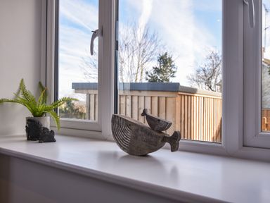A windowsill with a potted fern and two wooden whale figurines at Lyme Zest in Lyme Regis