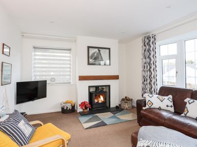 A living room with a fireplace a yellow chair a brown leather sofa and a wall-mounted television at Neaudd Wen in Red Wharf Bay near Benllech