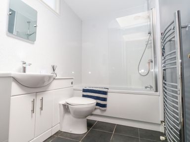 A bathroom with a toilet a bathtub with shower a sink with cabinet and a towel rail at Saddlers Cottage in Weymouth
