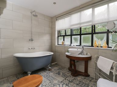 A bathroom with a freestanding bathtub shower sink on wooden vanity and patterned floor tiles at The Big Box Brandeers Brandier near Minety